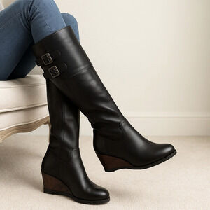 Anthropologie 6.5 / 7 Tall Leather Riding Boots $428 Wedge Heel COMFORT Black 37